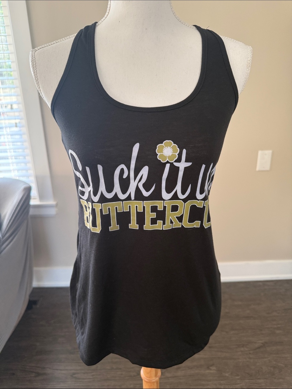 Buttercup Black Graphic Scoop Tank — Yellow & White Logo